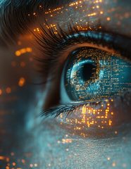 Close-up of an eye with digital patterns and glowing elements reflected on the iris.