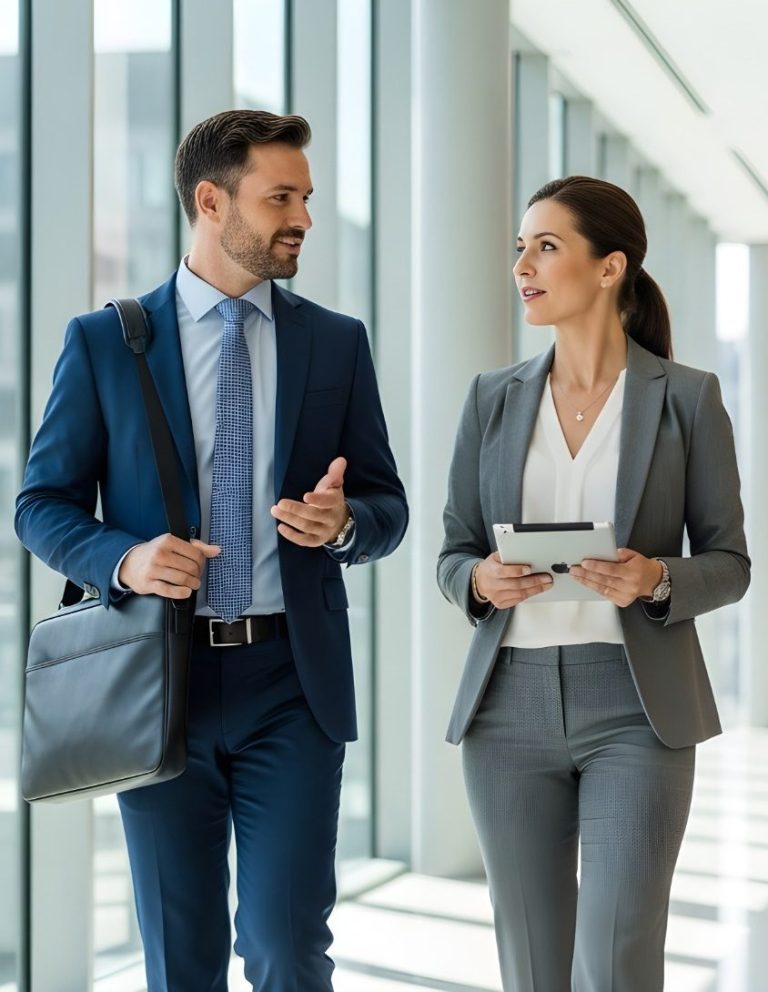 Two business people discussing in office setting