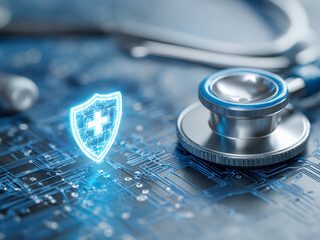 A person holding a magnifying glass with a digital lock and user icons.