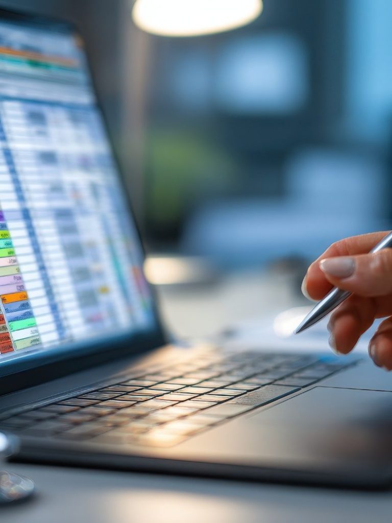 Hand holding a stylus, interacting with a spreadsheet on a laptop screen.
