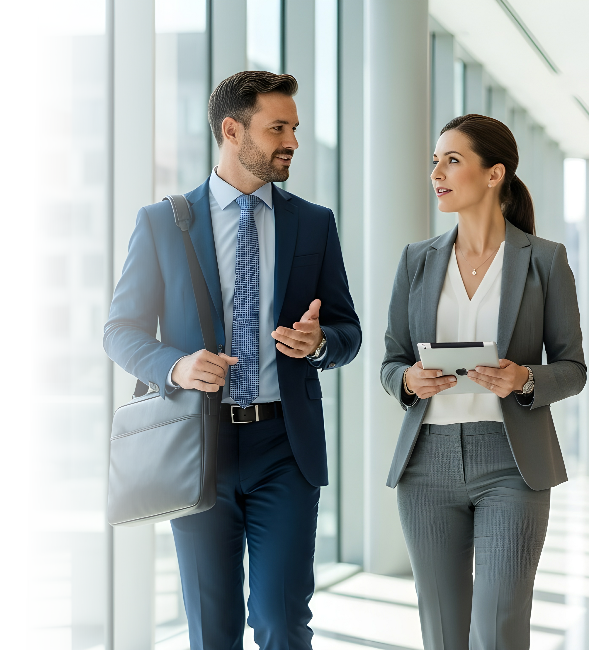 A professional man and woman discuss while walking through a modern office hallway.