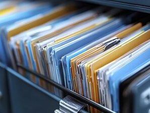 A close-up of a filing cabinet filled with various coloured folders and documents.